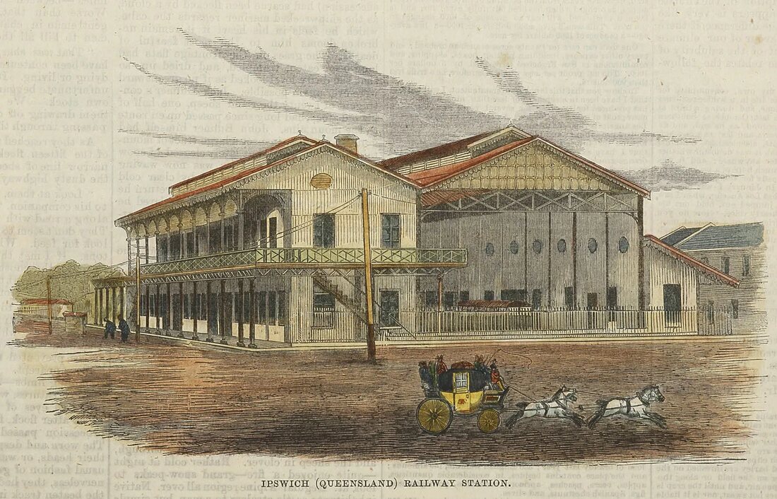 Heritage engraving of the historic Ipswich Railway Station, Queensland